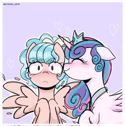 Size: 2028x2048 | Tagged: safe, artist:eltrash_art6, cozy glow, princess flurry heart, alicorn, pegasus, pony, g4, blushing, cheek kiss, cozybetes, cozylove, crown, cute, duo, duo female, eyes closed, female, flurrybetes, flustered, heart, high res, jewelry, kissing, lesbian, older, older cozy glow, older flurry heart, passepartout, purple background, regalia, ship:cozyheart, shipping, simple background, spread wings, wingboner, wings