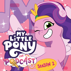 Size: 1665x1665 | Tagged: safe, artist:prixy05, pipp petals, pegasus, pony, g5, my little pony: tell your tale, my little pony: the podcast, fake, female, headband, headphones, i can't believe it's not hasbro studios, logo, mare, my little pony logo, one eye closed, smiling, solo, spread wings, wings