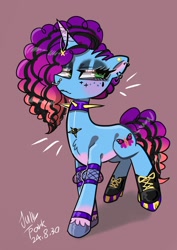 Size: 1240x1754 | Tagged: safe, artist:jully-park, misty brightdawn, pony, unicorn, g5, choker, ear piercing, earring, eyeshadow, female, goth, goth misty, horn, horn jewelry, jewelry, makeup, mare, nose piercing, piercing, simple background, solo, spiked choker