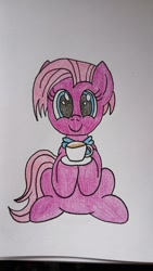 Size: 900x1600 | Tagged: safe, artist:anonymous, jasmine leaf, earth pony, pony, g4, clothes, colored, cup, female, food, looking at you, mare, neckerchief, scarf, sitting, smiling, smiling at you, solo, tea, teacup, traditional art