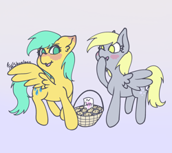 Size: 3020x2682 | Tagged: safe, artist:tkshoelace, derpy hooves, sunshower raindrops, pegasus, pony, g4, basket, blushing, duo, duo female, female, floppy ears, food, gradient background, heart, muffin, shipping, spread wings, text, wings