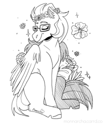 Size: 2500x3008 | Tagged: safe, artist:monnarcha, oc, oc only, pegasus, pony, floral head wreath, flower, glasses, pegasus oc, simple background, solo, white background