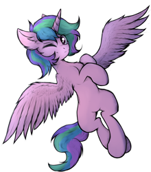 Size: 3900x4431 | Tagged: safe, artist:tatykin, princess celestia, alicorn, pony, g4, absurd resolution, chest fluff, crossed legs, ear fluff, female, flying, horn, looking at you, mare, one eye closed, pinklestia, simple background, smiling, smiling at you, solo, spread wings, white background, wings, wink, winking at you