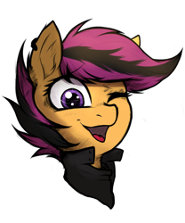 Size: 2500x3000 | Tagged: safe, artist:tatykin, scootaloo, pegasus, pony, g4, ear fluff, female, high res, looking at you, mare, older, older scootaloo, one eye closed, open mouth, open smile, simple background, smiling, smiling at you, solo, white background, wink, winking at you