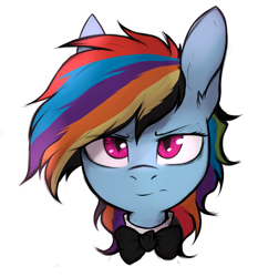 Size: 2800x3000 | Tagged: safe, artist:tatykin, rainbow dash, pegasus, pony, g4, bowtie, bust, ear fluff, female, high res, looking at you, mare, necktie, portrait, simple background, smiling, smiling at you, solo, white background