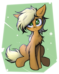 Size: 2000x2500 | Tagged: safe, artist:tatykin, applejack, earth pony, pony, g4, abstract background, chest fluff, cute, ear fluff, female, hatless, high res, jackabetes, leg fluff, looking at you, mare, missing accessory, no pupils, sitting, solo, tail