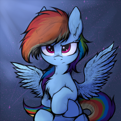 Size: 3400x3400 | Tagged: safe, artist:tatykin, rainbow dash, pegasus, pony, g4, abstract background, chest fluff, crossed hooves, ear fluff, female, frown, high res, looking at you, mare, reflection, solo, spread wings, wings