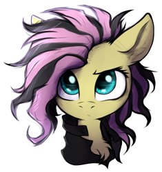 Size: 3200x3400 | Tagged: safe, artist:tatykin, fluttershy, pegasus, pony, g4, alternate hairstyle, bust, chest fluff, clothes, dyed mane, ear fluff, edgy, emoshy, female, high res, mare, portrait, punk, punk rock, rockershy, simple background, solo, white background