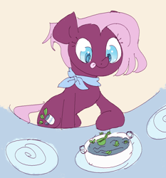 Size: 948x1016 | Tagged: safe, artist:anonymous, jasmine leaf, earth pony, pony, g4, clothes, colored, cooking, drawthread, female, flat colors, food, implied tea, leaves, mare, neckerchief, requested art, scarf, solo, tongue out, water