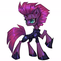 Size: 2048x2048 | Tagged: safe, artist:broniesforponies, tempest shadow, pony, unicorn, g4, my little pony: the movie, blue eyes, clothes, eye scar, facial scar, female, full body, gritted teeth, horn, mare, purple coat, raised hoof, scar, simple background, solo, teeth, thin, white background