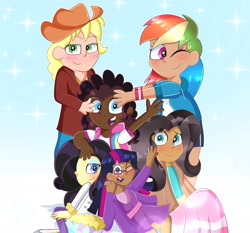 Size: 3084x2870 | Tagged: safe, artist:scorbunnyd, applejack, fluttershy, pinkie pie, rainbow dash, rarity, twilight sparkle, human, g4, clothes, commission, commissioner:prixy05, dark skin, gradient background, group hug, hug, humanized, light skin, mane six, moderate dark skin