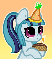 Size: 648x740 | Tagged: safe, artist:nootaz, sonata dusk, earth pony, pony, rainbow rocks 10th anniversary, g4, anniversary, anniversary art, choco taco, cute, earth pony sonata dusk, equestria girls ponified, female, gradient background, hat, mare, party hat, ponified, ponytail, purple eyes, solo, sonatabetes, species swap