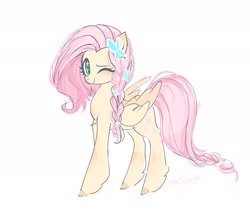 Size: 2048x1726 | Tagged: safe, artist:petaltwinkle, fluttershy, pegasus, g4, alternate hairstyle, braid, butterfly hairpin, cute, female, looking at you, mare, one eye closed, redesign, shyabetes, solo, unshorn fetlocks, wink