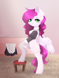 Size: 2254x2994 | Tagged: source needed, safe, artist:azemifoster, oc, oc only, oc:ellie berryheart, pegasus, pony, g4, apron, clothes, dress, female, green eyes, housewife, maid, solo, stockings, stool, thigh highs, white wings, wings