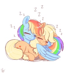 Size: 1280x1280 | Tagged: safe, artist:galaxy swirl, applejack, rainbow dash, earth pony, pegasus, pony, g4, blushing, cute, dashabetes, duo, duo female, eyebrows, eyebrows visible through hair, eyes closed, female, freckles, hairband, hatless, hug, jackabetes, lesbian, lying down, mare, missing accessory, one wing out, onomatopoeia, prone, ship:appledash, shipping, simple background, sleeping, sleeping together, smiling, sound effects, tail, tail band, white background, winghug, wings, zzz