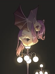 Size: 1536x2048 | Tagged: safe, artist:mugitya012, fluttershy, bat pony, pony, g4, bat ponified, bat wings, female, flutterbat, lamppost, mare, race swap, solo, spread wings, wings