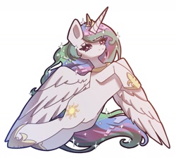 Size: 2013x1804 | Tagged: safe, artist:mugitya012, princess celestia, alicorn, pony, g4, crown, female, hoof shoes, horn, jewelry, mare, one eye closed, peytral, princess shoes, regalia, simple background, solo, sparkles, white background, wings