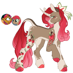 Size: 1000x1000 | Tagged: safe, artist:kazmuun, idw, cherry spices, pony, unicorn, series:kazmuun's drawing every pony, g4, alternate design, alternative cutie mark placement, blaze (coat marking), blush lines, blushing, bow, butt fluff, cascading cutie mark, cloven hooves, coat markings, colored ears, colored eyelashes, colored hooves, colored pinnae, curved horn, dappled, dorsal stripe, facial markings, female, freckles, gradient mane, gradient tail, green eyelashes, green eyes, hair bow, hooves, horn, leg fluff, leonine tail, looking at you, mare, mismatched hooves, multicolored hooves, pale belly, raised hoof, red hooves, redesign, screencap reference, shoulder cutie mark, simple background, solo, standing, tail, transparent background, turned head, white pupils