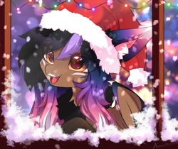 Size: 2048x1717 | Tagged: safe, artist:airiniblock, oc, oc only, oc:alexus nictivia, hybrid, christmas, hat, holiday, santa hat, snow, snowfall, solo, string lights, window