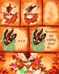 Size: 3041x3822 | Tagged: safe, artist:polnocnykot, autumn blaze, cinder glow, summer flare, kirin, g4, 6 panel comic, autumn, autumn blaze and autumn, autumn leaves, blushing, charades, comic, cute, dialogue, dramatic, dramatic pose, duo, duo female, ear fluff, emanata, exclamation point, eyebrows, eyelashes, eyes closed, faint, fainted, falling, female, frown, funny, hooves, hooves to the chest, hooves up, horn, leaf, leaves, lidded eyes, looking at you, lying down, motion lines, name pun, on back, one eye closed, open mouth, open smile, playful, playing, raised eyebrow, raised hoof, smiling, smiling at you, smirk, teeth, text, underhoof, unshorn fetlocks