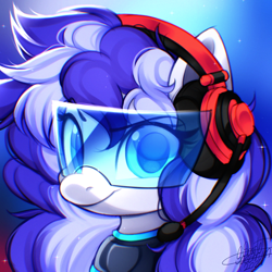 Size: 750x750 | Tagged: safe, artist:scarlet-spectrum, oc, oc only, oc:cinnabyte, pony, gradient background, headphones, headset, solo