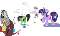 Size: 6000x3600 | Tagged: safe, artist:ponny, discord, twilight sparkle, oc, oc:filly anon, draconequus, earth pony, pegasus, pony, unicorn, g4, angry, bait, behaving like a dog, cigarette, coffee, coffee mug, colored, drawthread, female, feral, filly, fishing rod, flask, floppy ears, hat, leash, magic, mug, muzzle, pony pet, request, requested art, simple background, smoke, telekinesis, text, tired, trio, trio male and female, unicorn twilight, watch, white background