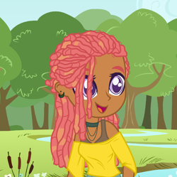 Size: 1096x1092 | Tagged: safe, artist:emmakkkkk, tree hugger, human, g4, alternate hairstyle, bra, bra strap, choker, clothes, cute, dark skin, dreadlocks, ear piercing, earring, female, grass, huggerbetes, humanized, jewelry, necklace, open mouth, piercing, purple eyes, shirt, solo, tree, underwear