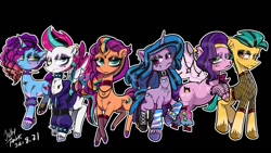 Size: 1280x720 | Tagged: safe, artist:jully-park, hitch trailblazer, izzy moonbow, misty brightdawn, pipp petals, sunny starscout, zipp storm, earth pony, pegasus, pony, unicorn, g5, black background, goth, goth hitch, goth izzy, goth misty, goth pipp, goth pony, goth sunny, goth zipp, horn, simple background