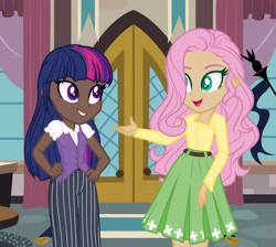 Size: 1280x1146 | Tagged: safe, artist:emmakkkkk, artist:skyfallfrost, fluttershy, twilight sparkle, human, g4, alternate hairstyle, base used, belt, blue eyes, clothes, cute, dark skin, door, duo, duo female, female, grin, humanized, light skin, open mouth, pants, purple eyes, shirt, shyabetes, skirt, smiling, twiabetes, vest, window