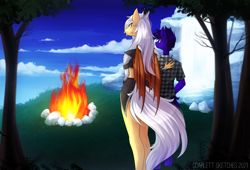 Size: 1800x1226 | Tagged: safe, artist:scarlet-spectrum, oc, oc only, oc:silver veil, bat pony, unicorn, anthro, unguligrade anthro, bat pony oc, campfire, duo, fire, horn, tree, unicorn oc, water, waterfall