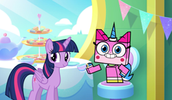 Size: 1201x701 | Tagged: safe, artist:luckreza8, twilight sparkle, alicorn, cat, pony, g4, crossover, lego, tara strong, tea party, the lego movie, twilight sparkle (alicorn), unikitty, unikitty!, voice actor joke