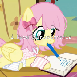 Size: 886x885 | Tagged: safe, artist:handchopper_69, edit, edited screencap, screencap, fluttershy, pegasus, pony, filli vanilli, g4, my little pony: friendship is magic, alternate hairstyle, bangs, bobcut, book, bow, clothes, cropped, cute, emoji, eye clipping through hair, female, fluttershy's cottage, folded wings, hair accessory, hair bow, indoors, leg warmers, looking down, lying down, mane accessory, mare, meme, mouth hold, neck ribbon, pencil, pink bow, prone, schizophrenia, short hair, short hair fluttershy, shyabetes, solo, striped leg warmers, wings, writing