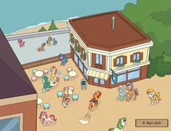 Size: 2560x1967 | Tagged: safe, artist:skysorbett, oc, oc only, oc:peach bubble, earth pony, pegasus, pony, unicorn, comic:breaking free, building, cafe, coast, comic, female, horn, mare, outdoors, running, table, town