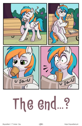 Size: 1496x2300 | Tagged: safe, artist:skysorbett, oc, oc only, oc:twister joy, pegasus, pony, comic:breaking free, bench, coffee, coffee cup, comic, cup, male, newspaper, outdoors, park, sitting, stallion