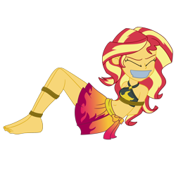 Size: 2500x2500 | Tagged: safe, artist:nie-martw-sie-o-mnie, sunset shimmer, human, equestria girls, g4, arm behind back, belly, belly button, bondage, bound and gagged, clothes, eyes closed, female, femsub, gag, midriff, rope, rope bondage, sarong, simple background, solo, submissive, subset, sunset shimmer swimsuit, tape, tape gag, tied up, transparent background