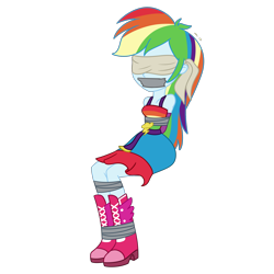 Size: 2000x2000 | Tagged: safe, artist:nie-martw-sie-o-mnie, rainbow dash, human, equestria girls, g4, arm behind back, bare shoulders, blindfold, bondage, boots, bound and gagged, clothes, dashsub, dress, evening gloves, fall formal outfits, female, femsub, gag, gloves, long gloves, shoes, simple background, sitting, solo, submissive, tape, tape bondage, tape gag, tied up, transparent background