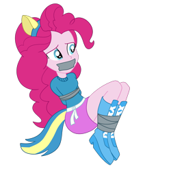 Size: 2000x2000 | Tagged: safe, artist:nie-martw-sie-o-mnie, pinkie pie, human, equestria girls, g4, arm behind back, bondage, boots, bound and gagged, clothes, female, femsub, gag, helping twilight win the crown, pinkiesub, shoes, simple background, skirt, solo, submissive, tape, tape bondage, tape gag, tied up, transparent background, wondercolts uniform