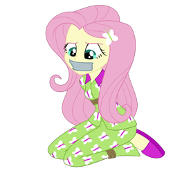 Size: 2000x2000 | Tagged: safe, artist:nie-martw-sie-o-mnie, fluttershy, human, equestria girls, g4, bondage, bound and gagged, butterfly hairpin, clothes, female, femsub, fluttersub, gag, kneeling, pajamas, rope, rope bondage, simple background, slippers, solo, submissive, tape, tape gag, tied up, transparent background