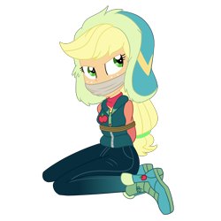 Size: 2000x2000 | Tagged: safe, artist:nie-martw-sie-o-mnie, applejack, human, equestria girls, g4, applesub, arm behind back, bondage, bound and gagged, cloth gag, female, femsub, gag, kneeling, rope, rope bondage, simple background, solo, submissive, tied up, transparent background