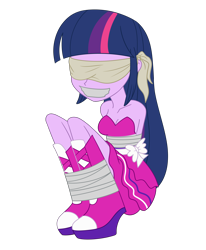 Size: 1888x2288 | Tagged: safe, artist:nie-martw-sie-o-mnie, twilight sparkle, human, equestria girls, g4, arm behind back, bare shoulders, blindfold, bondage, bound and gagged, clothes, dress, fall formal outfits, female, femsub, gag, simple background, solo, submissive, tape, tape bondage, tape gag, tied up, transparent background, twisub