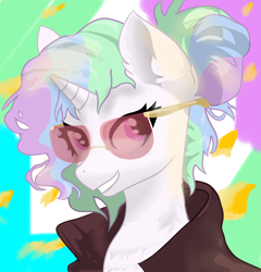 Size: 1964x2048 | Tagged: safe, artist:minecake, oc, oc only, oc:cake sparkle, pony, unicorn, bust, clothes, disco elysium, glasses, horn, jacket, not celestia, portrait, solo