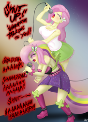 Size: 2975x4092 | Tagged: safe, artist:lennondash, fluttershy, human, rainbow rocks 10th anniversary, equestria girls, g4, my little pony equestria girls: rainbow rocks, belt, boots, bracelet, breasts, busty fluttershy, cleavage, clothes, duality, eyes closed, eyeshadow, face paint, gradient background, hairclip, jewelry, linkin park, makeup, metal, metalshy, microphone, nail polish, one step closer, open mouth, performance, rocker, screaming, self paradox, shoes, sideboob, singing, skirt, solo, stage, studs, sweat, sweatdrop, tank top, wings