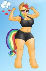 Size: 750x1163 | Tagged: safe, artist:mlpconjoinment, applejack, rainbow dash, earth pony, pegasus, anthro, unguligrade anthro, g4, applebucking thighs, applejack's hat, big breasts, breasts, cowboy hat, female, fusion, fusion:appledash, fusion:applejack, fusion:rainbow dash, gradient background, hat, muscles, muscular female, solo, thighs, thunder thighs, wide hips