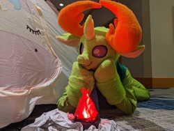 Size: 2048x1536 | Tagged: safe, artist:azuritecoin, artist:limeythecheetah, thorax, changedling, changeling, g4, bonfire, fire, fursuit, hooves on cheeks, irl, king thorax, lying down, photo, prone, solo, tent