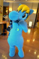 Size: 957x1440 | Tagged: safe, derpy hooves, human, g4, badge, fursuit, indoors, irl, irl human, photo, ponysuit, solo focus