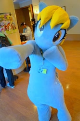 Size: 957x1440 | Tagged: safe, derpy hooves, human, g4, badge, fursuit, indoors, irl, irl human, photo, ponysuit, solo focus