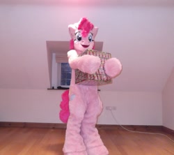 Size: 1269x1126 | Tagged: safe, artist:spainfischer, pinkie pie, g4, box, fursuit, hoof hold, indoors, irl, photo, ponysuit, solo