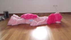 Size: 1430x806 | Tagged: safe, artist:spainfischer, pinkie pie, g4, fursuit, indoors, irl, lying down, lying on the floor, on floor, photo, ponysuit, prone, solo