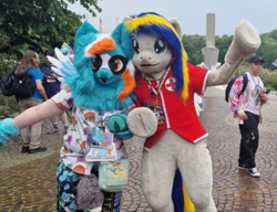 Size: 777x598 | Tagged: safe, artist:atalonthedeer, artist:eaglefly_, oc, oc:eagle fly, oc:phoenix redtail, galacon, 2024, badge, convention, converse, duo focus, fursuit, irl, outdoors, photo, ponysuit, shoes