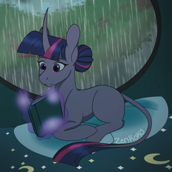 Size: 1350x1350 | Tagged: safe, artist:zenkok0, twilight sparkle, pony, unicorn, g4, alternate hairstyle, alternate tailstyle, book, curved horn, female, hair bun, horn, indoors, leonine tail, long horn, lying down, magic, mare, missing cutie mark, pillow, practice drawing, prone, rain, reading, signature, solo, tail, telekinesis, tied mane, unicorn horn, unicorn twilight